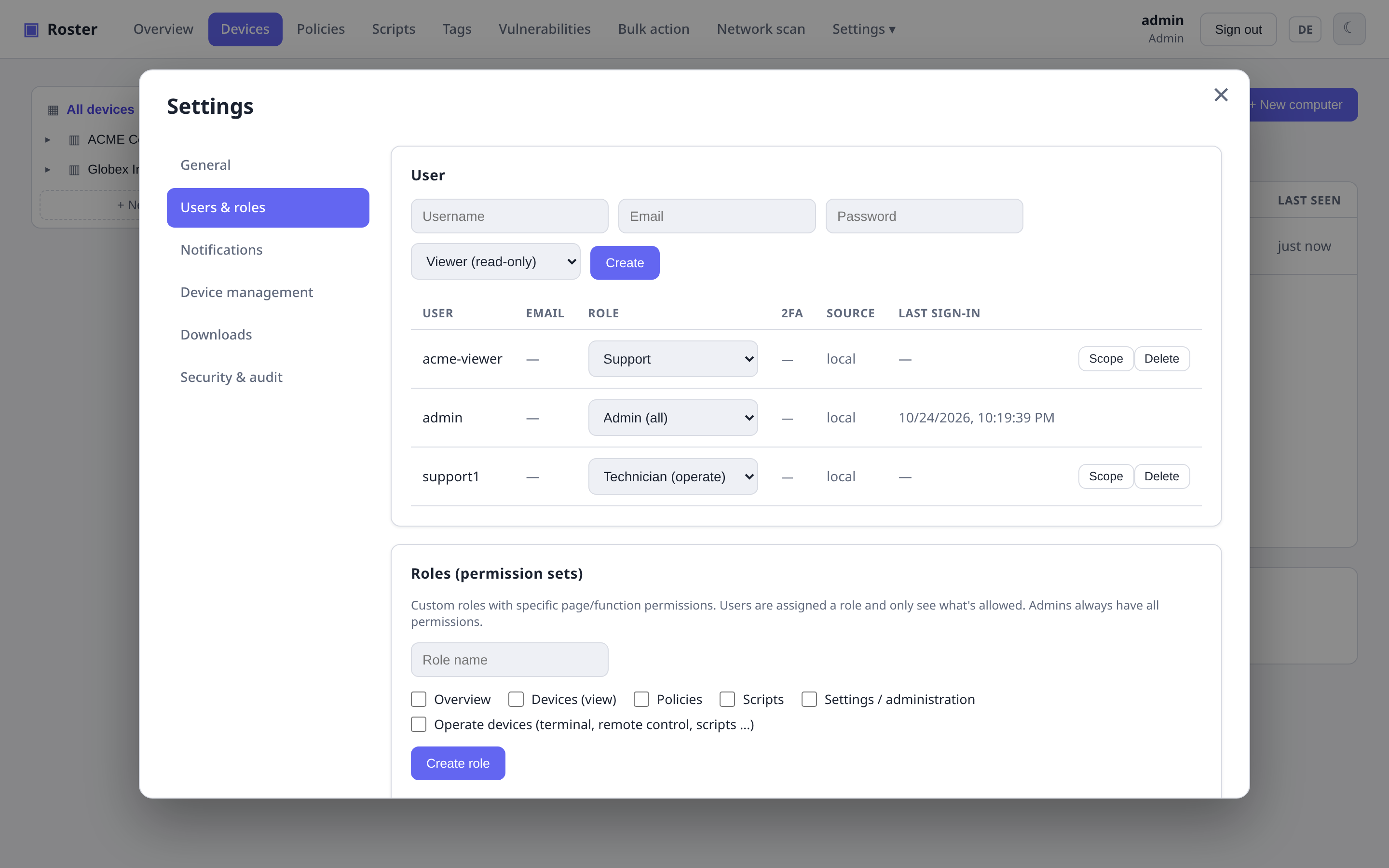 Roles and users